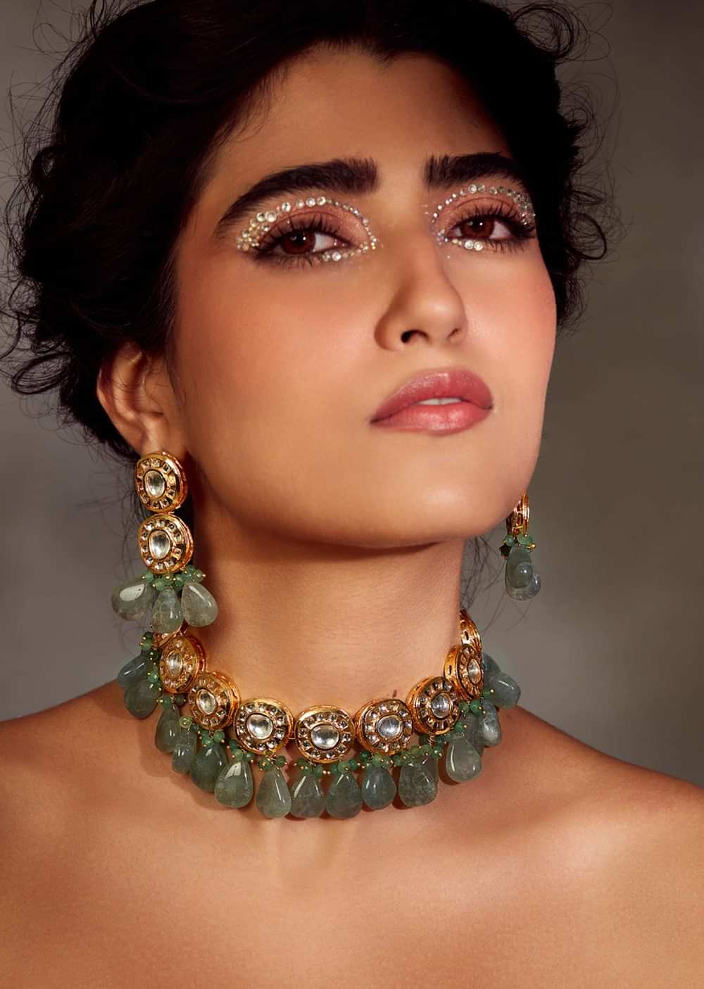 Gold Plated Silver Alloy Mint Green Kundan Necklace Set