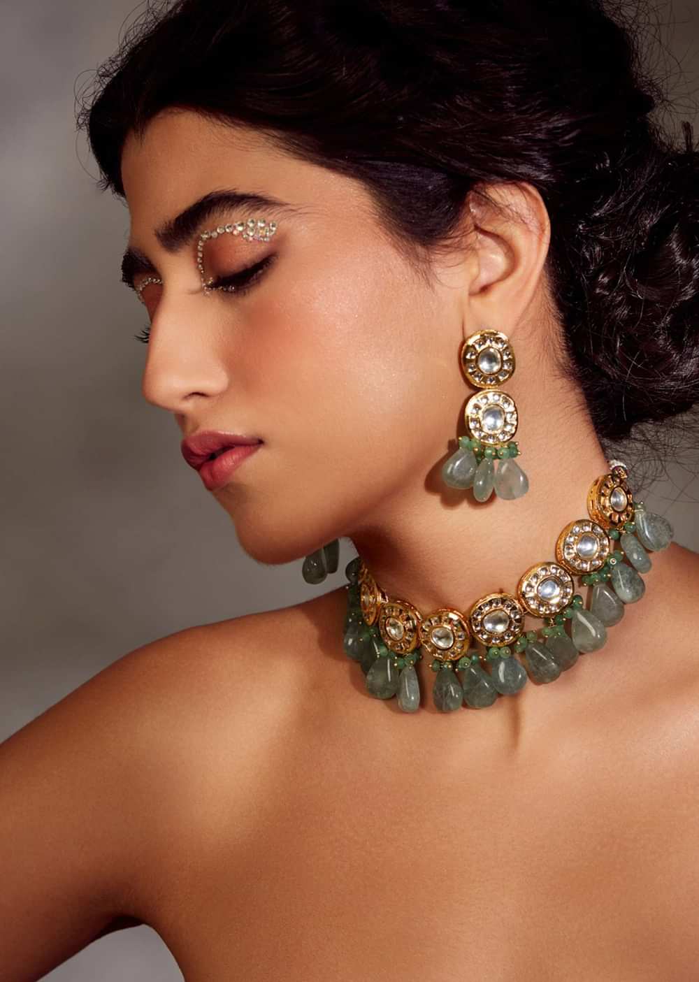 Gold Plated Silver Alloy Mint Green Kundan Necklace Set
