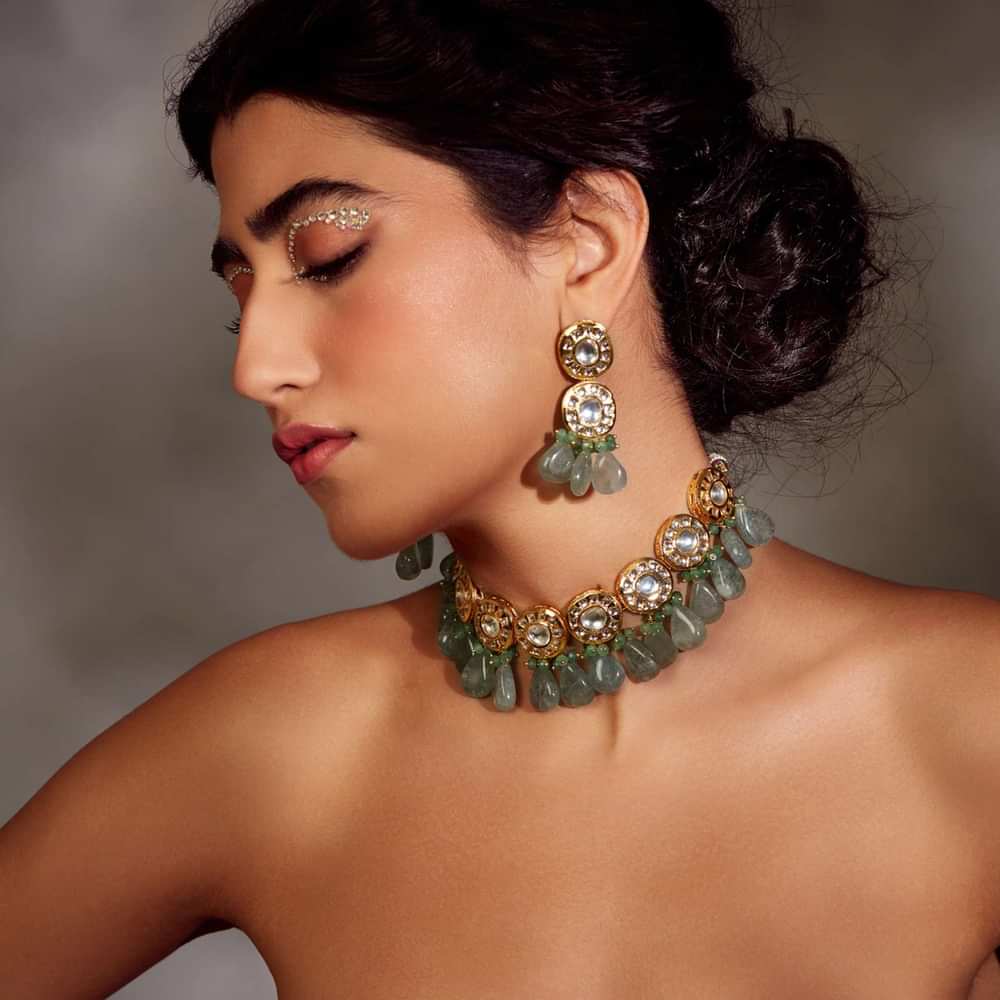Gold Plated Silver Alloy Mint Green Kundan Necklace Set