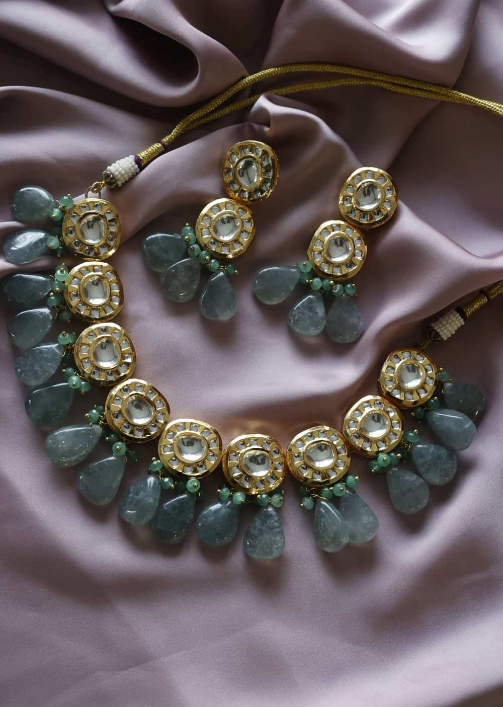 Gold Plated Silver Alloy Mint Green Kundan Necklace Set