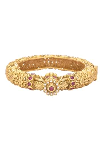 Gold Plated Temple Bangle With Carved Detail And Red Stones