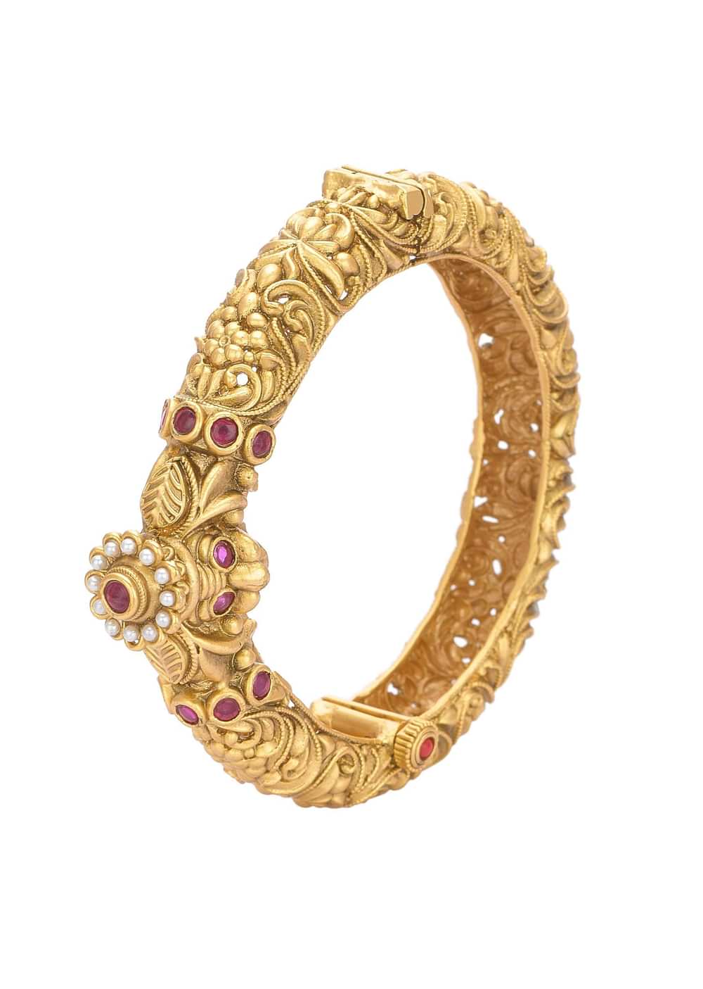 Gold Plated Temple Bangle With Carved Detail And Red Stones