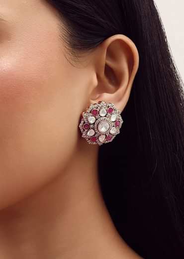 Gold Polki And Ruby Stone Kundan Stud Earrings In Mix Metal