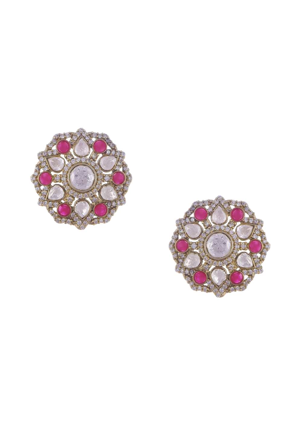 Gold Polki And Ruby Stone Kundan Stud Earrings In Mix Metal