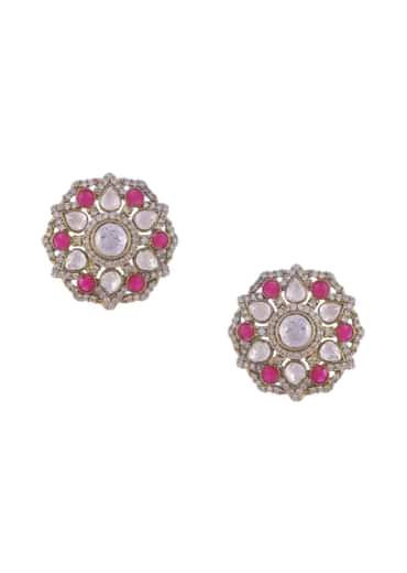 Gold Polki And Ruby Stone Kundan Stud Earrings In Mix Metal