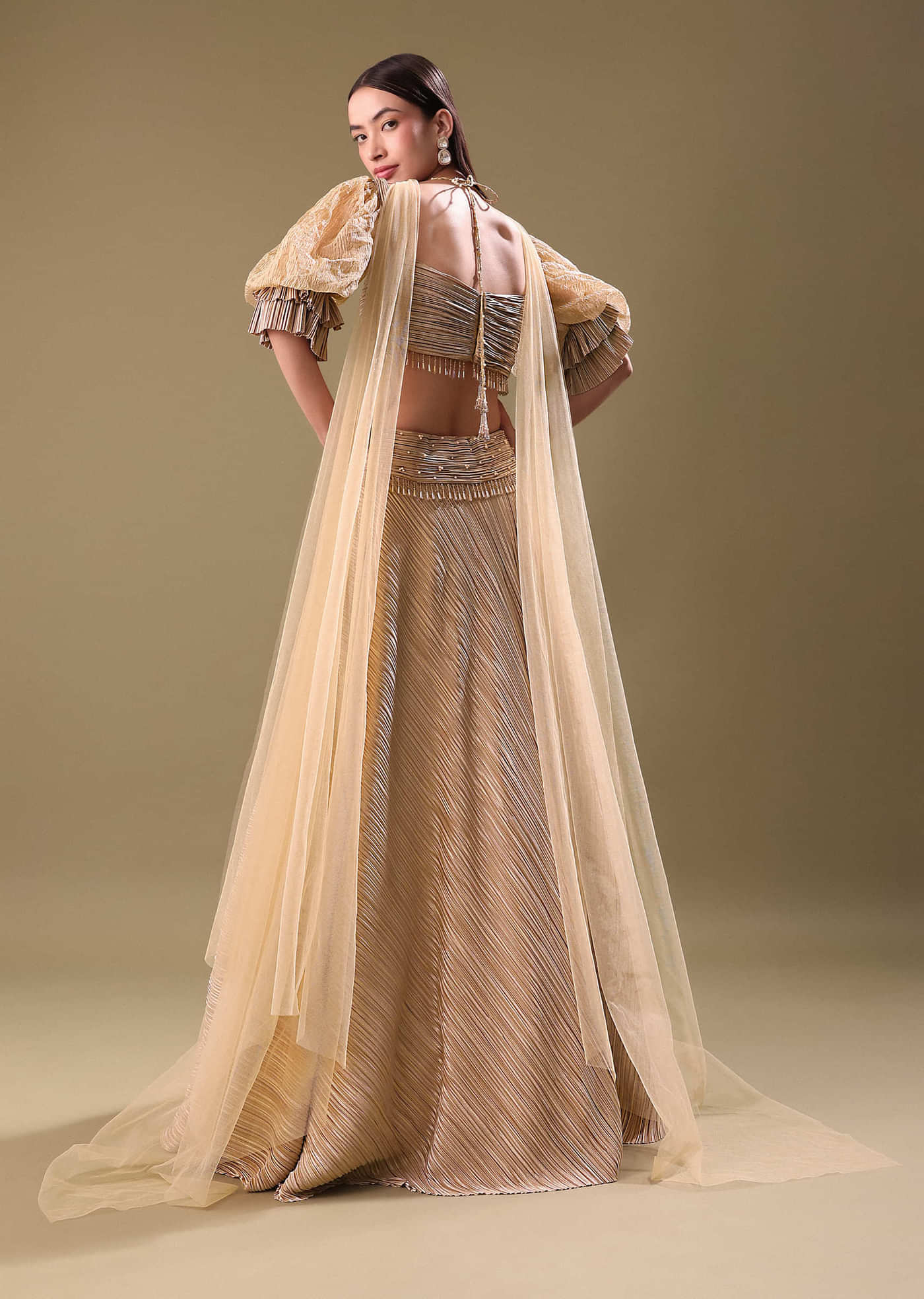 Gold Pre Pleated Lehenga With Choker Dupatta