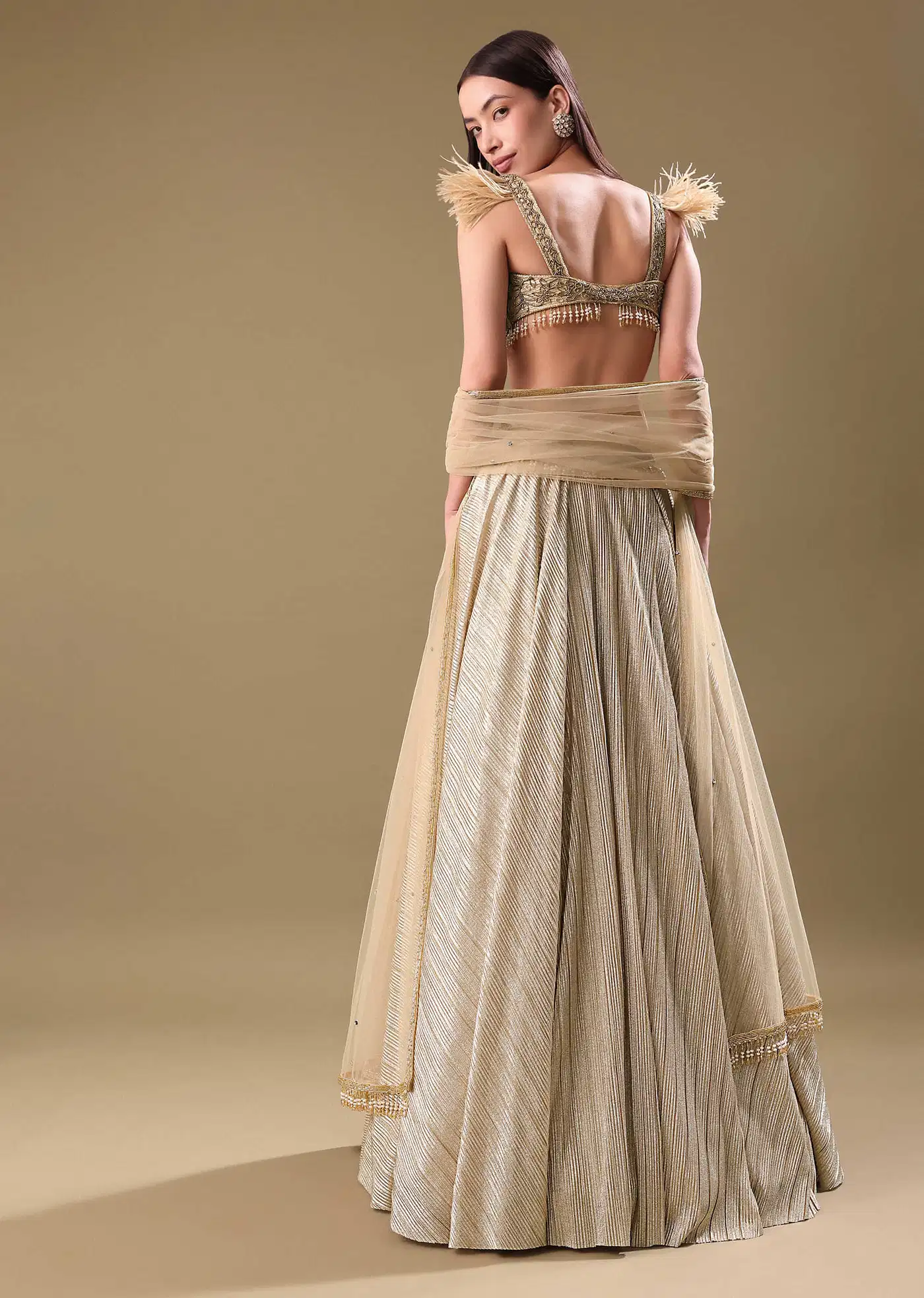 Gold Pre Pleated Lehenga With Embellished Blouse And Net Dupatta