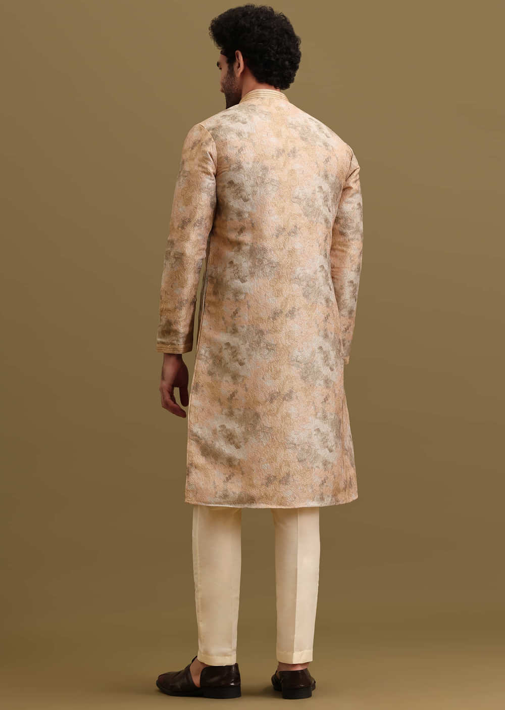 Gold Printed Silk Zipper Kurta Set For Men