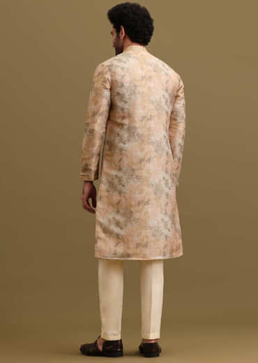 Gold Printed Silk Zipper Kurta Set For Men