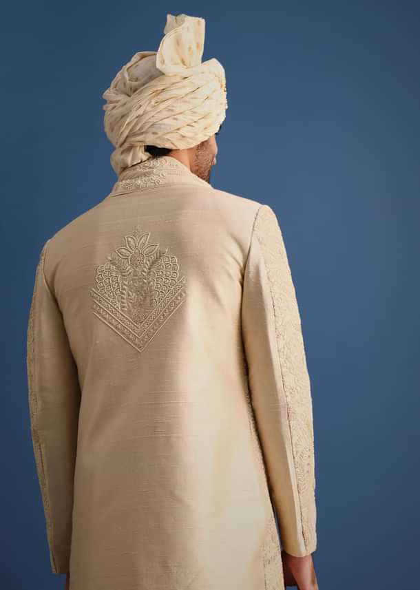 Gold Raw Silk Sherwani Suit With Hand Work