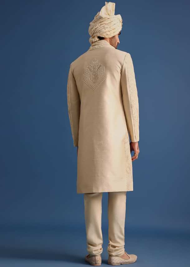 Gold Raw Silk Sherwani Suit With Hand Work