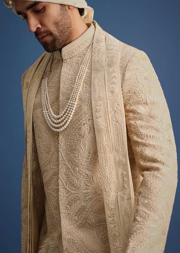 Gold Raw Silk Sherwani Suit With Hand Work