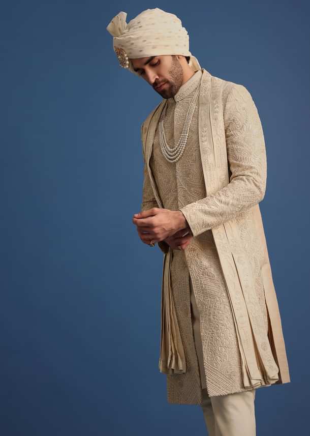 Gold Raw Silk Sherwani Suit With Hand Work