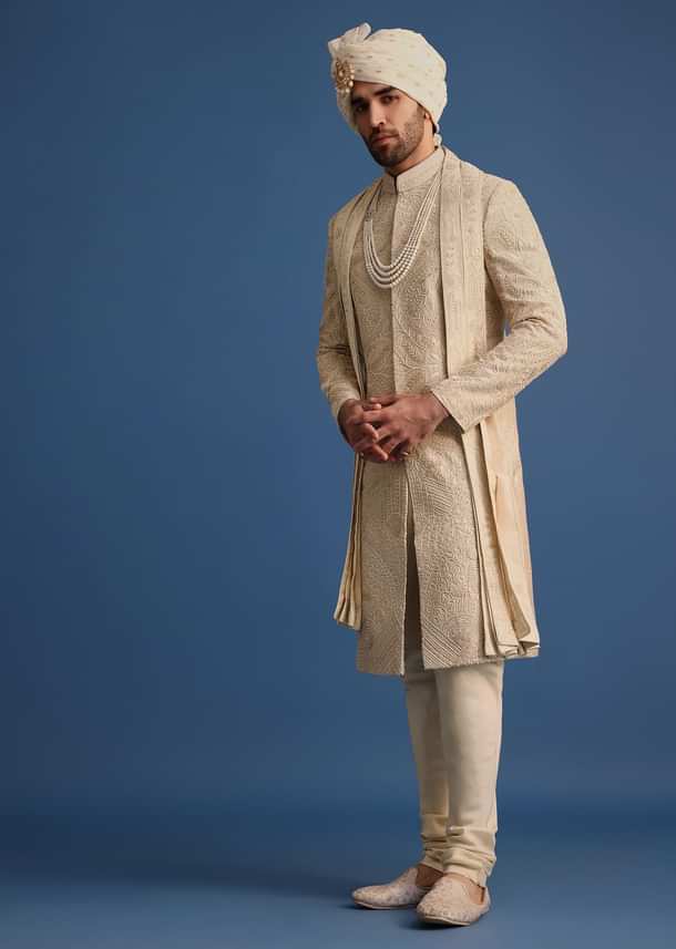 Gold Raw Silk Sherwani Suit With Hand Work