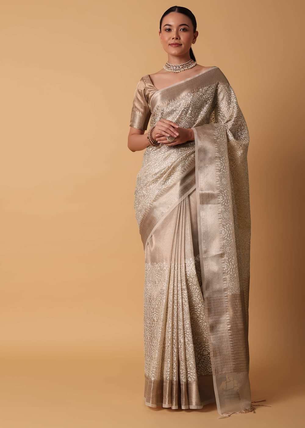 Gold Saree In Chanderi Kora Silk With Resham Thread Work Pallu And Unstitched Blouse Piece