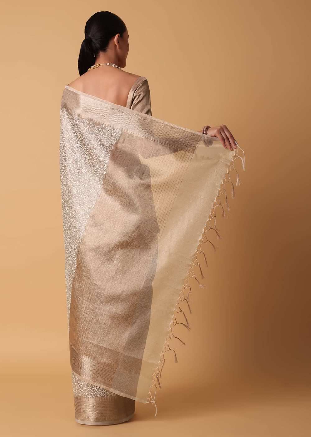 Gold Saree In Chanderi Kora Silk With Resham Thread Work Pallu And Unstitched Blouse Piece