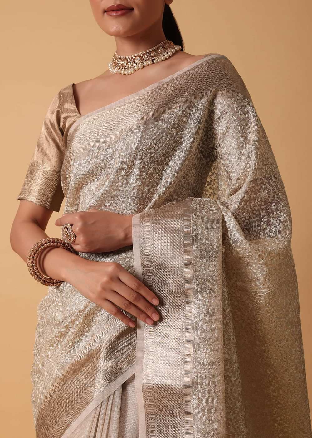 Gold Saree In Chanderi Kora Silk With Resham Thread Work Pallu And Unstitched Blouse Piece