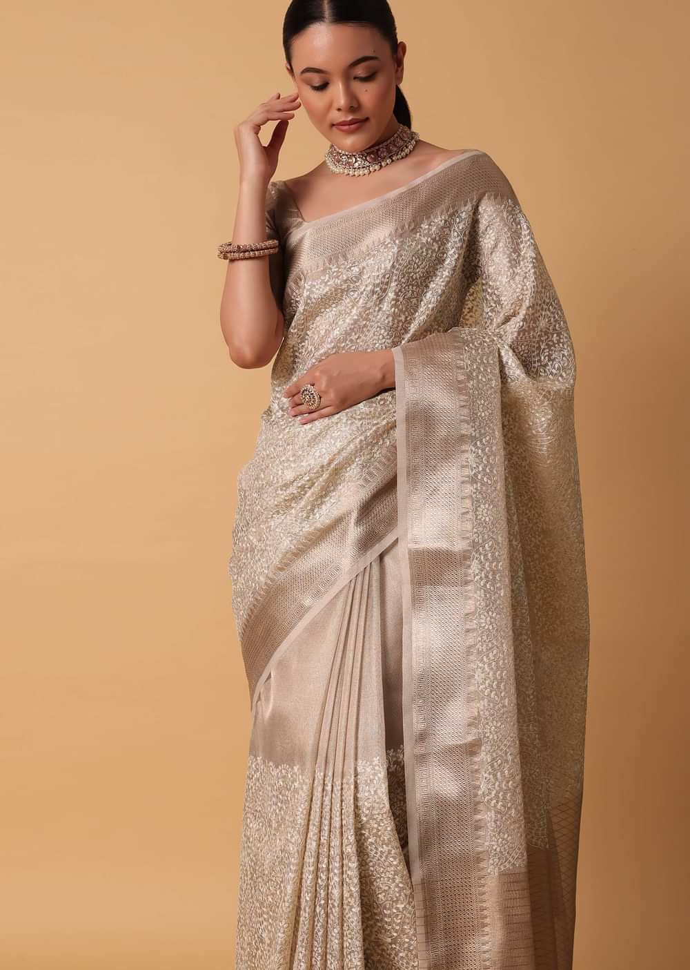 Gold Saree In Chanderi Kora Silk With Resham Thread Work Pallu And Unstitched Blouse Piece