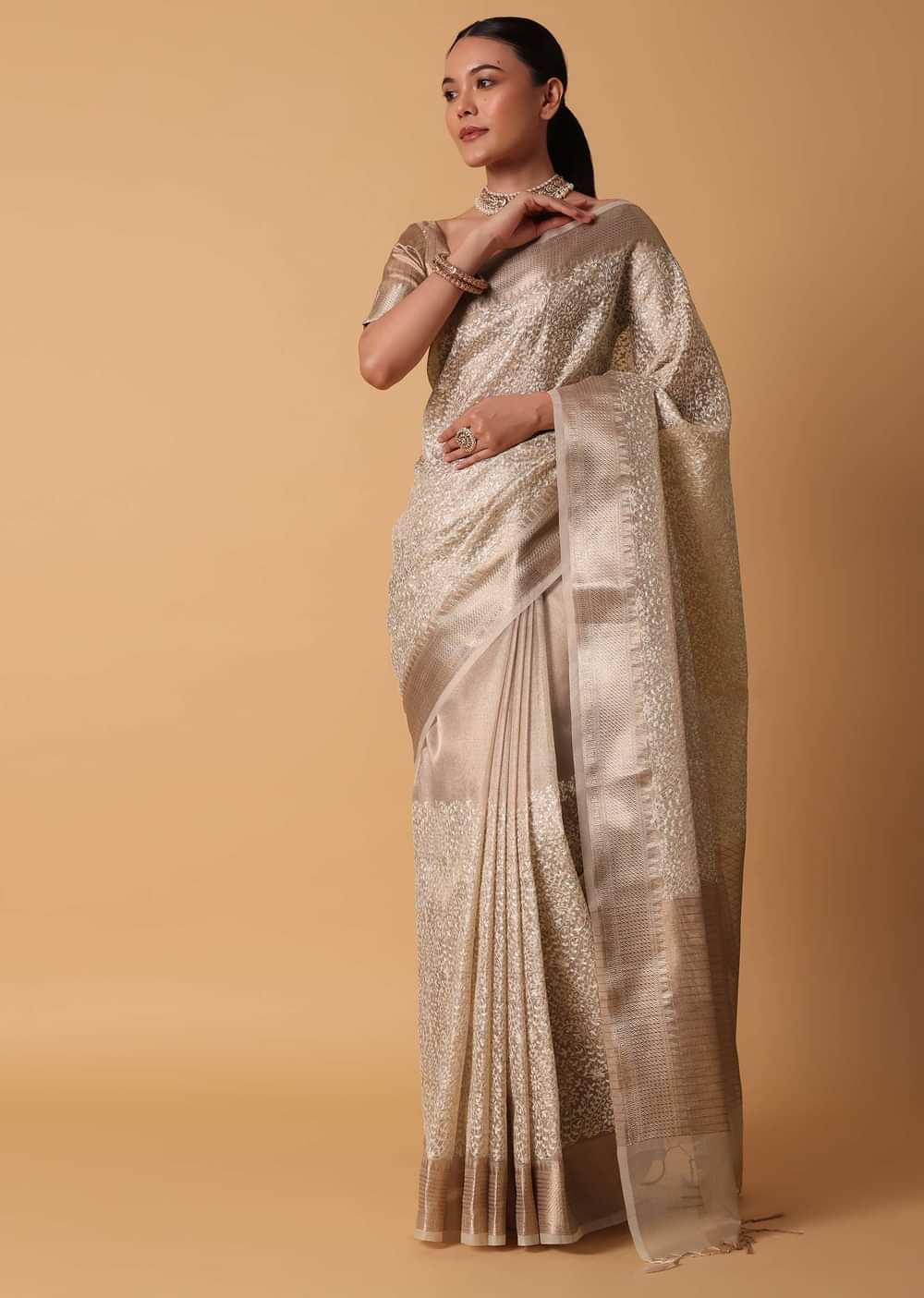Gold Saree In Chanderi Kora Silk With Resham Thread Work Pallu And Unstitched Blouse Piece