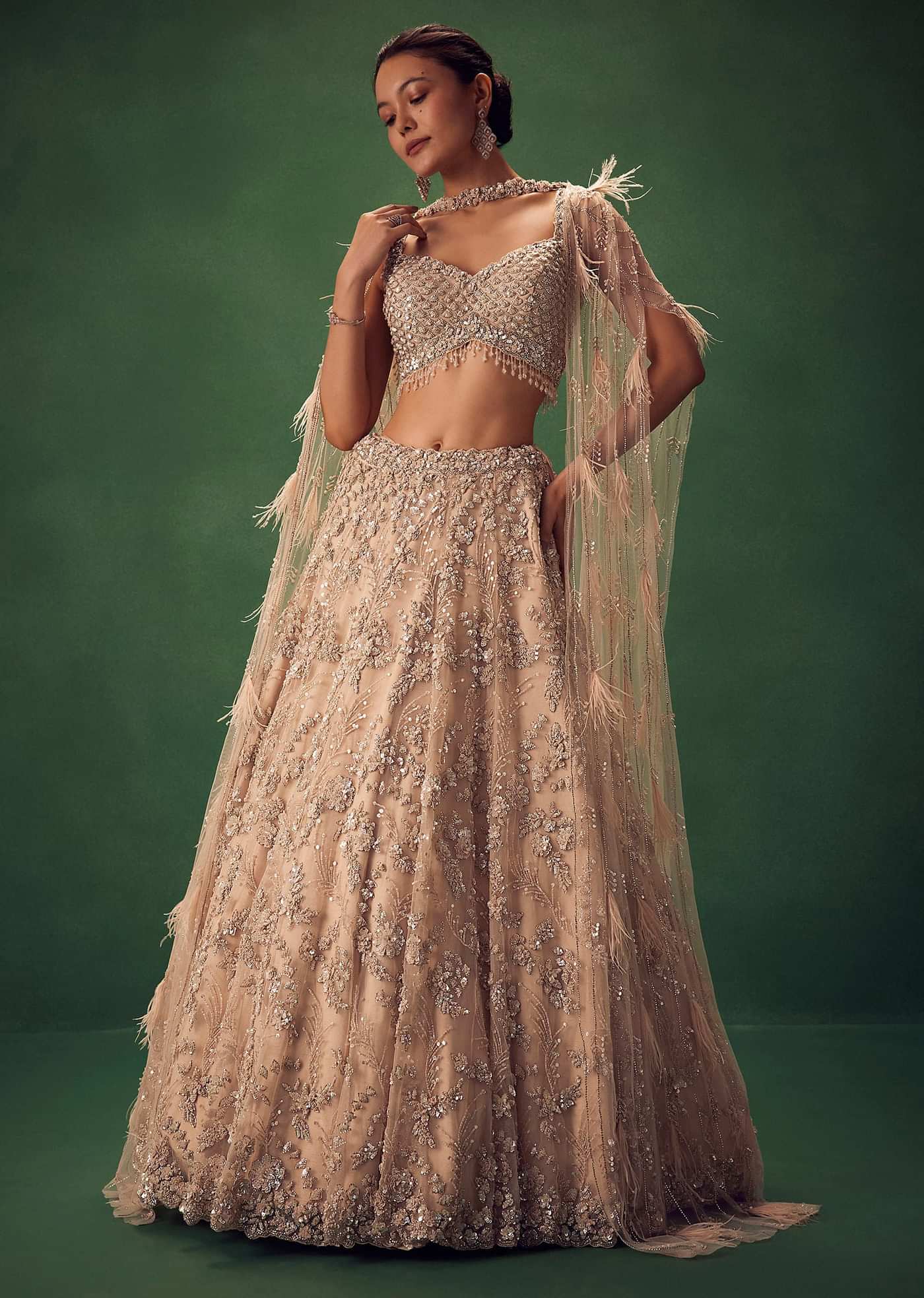 Gold Net Lehenga Set With Choker Dupatta With Feathers
