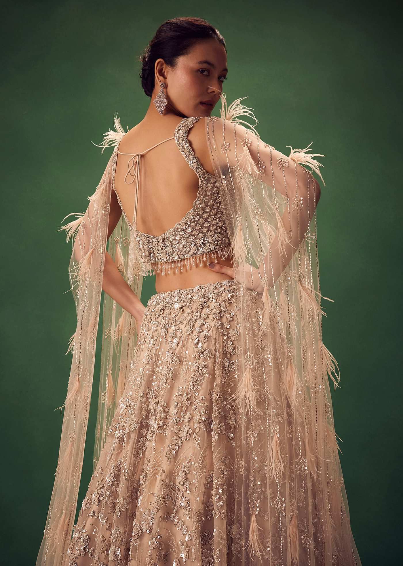 Gold Net Lehenga Set With Choker Dupatta With Feathers