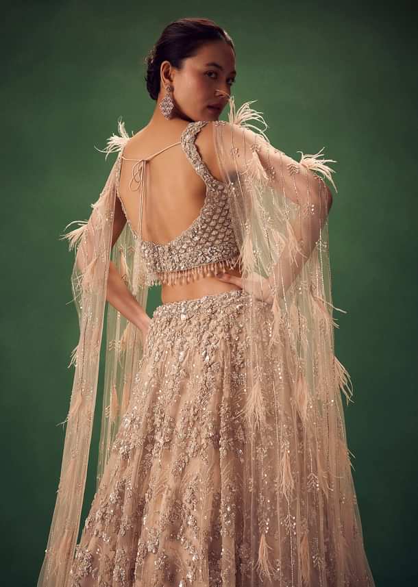 Gold Net Lehenga Set With Choker Dupatta With Feathers