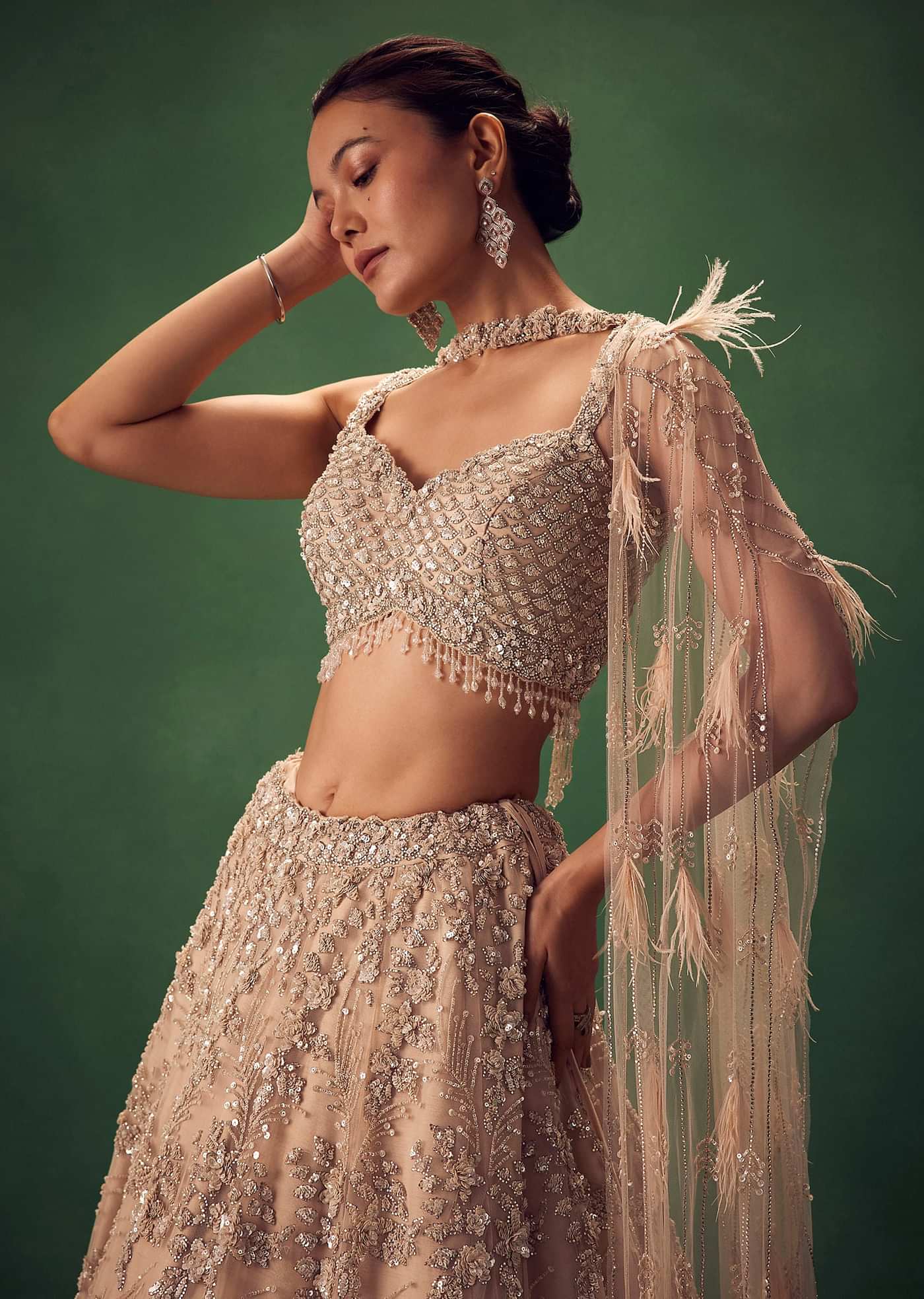 Gold Net Lehenga Set With Choker Dupatta With Feathers