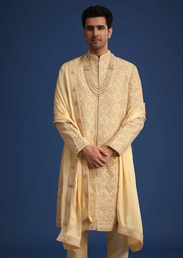 Gold Silk Embroidered Sherwani Set With Dupatta