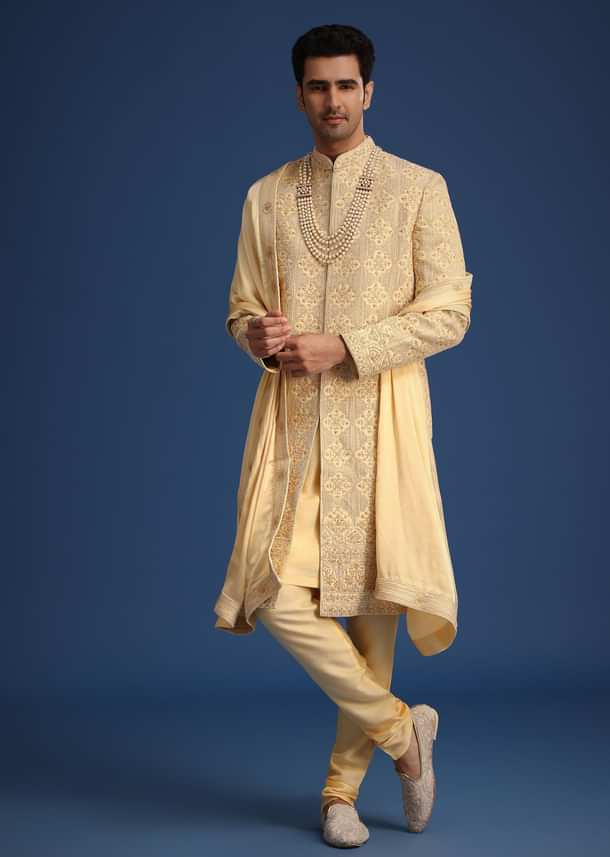 Gold Silk Embroidered Sherwani Set With Dupatta