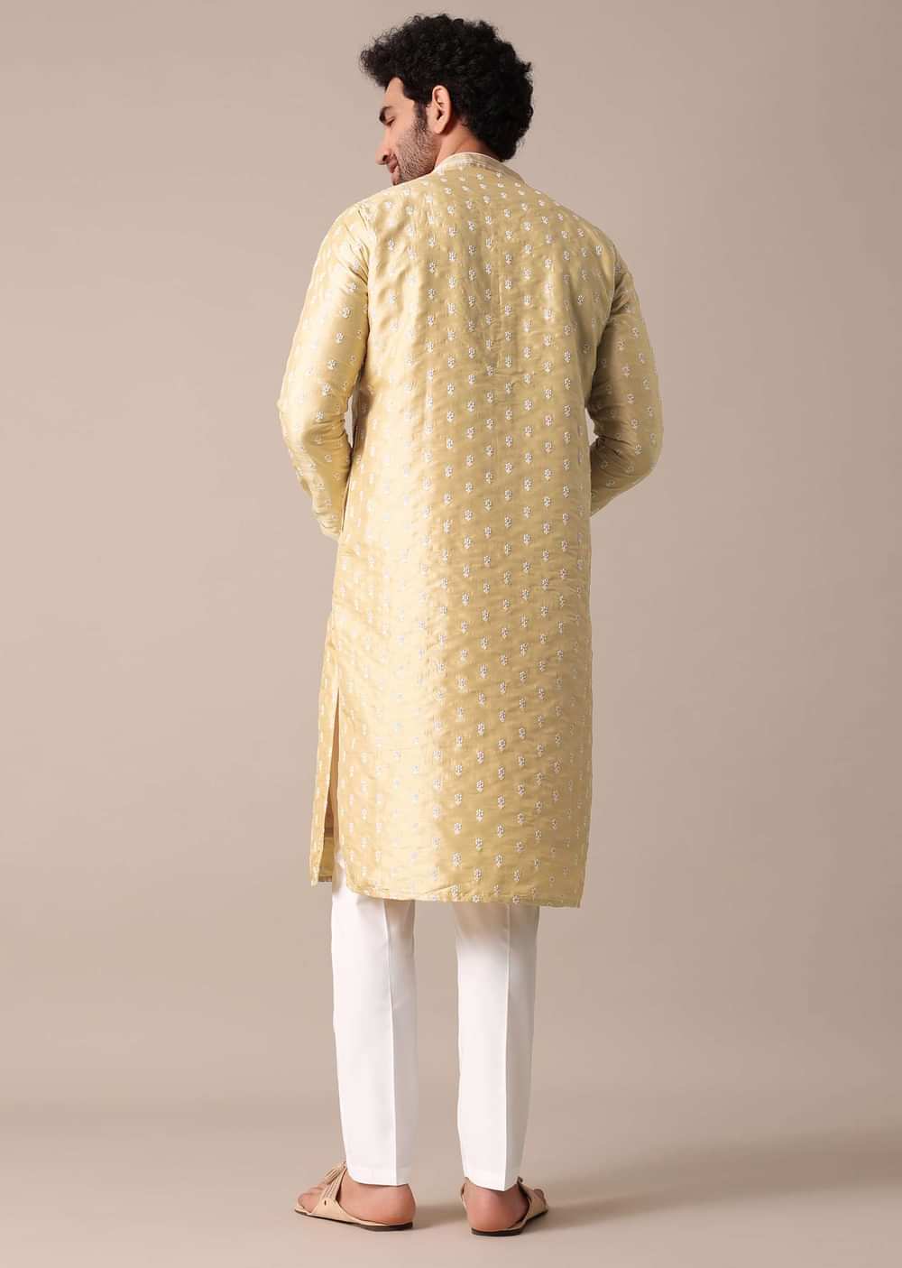Gold Silk Kurta Set For Men With Threadwork Buttis