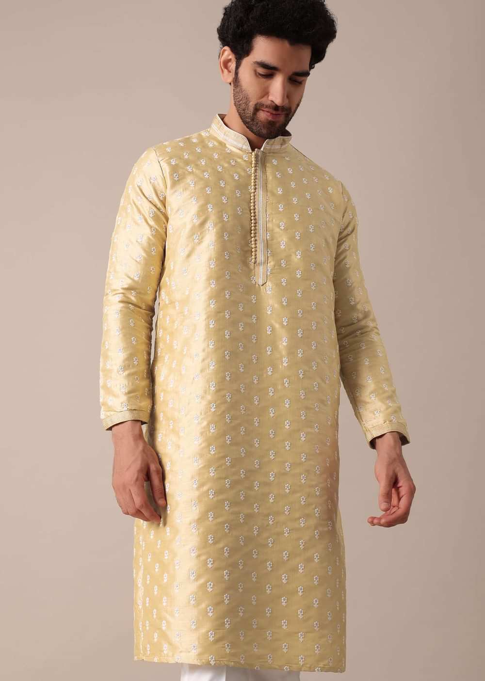 Gold Silk Kurta Set For Men With Threadwork Buttis