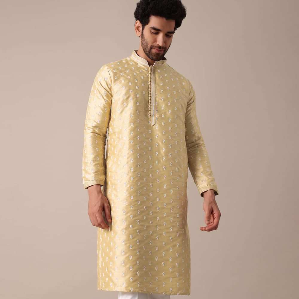 Gold Silk Kurta Set For Men With Threadwork Buttis