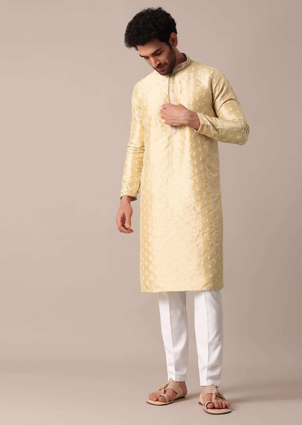 Gold Silk Kurta Set For Men With Threadwork Buttis