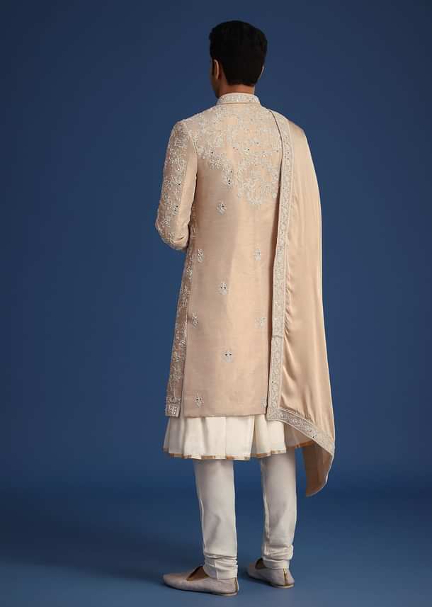 Gold Silk Mirror Work Sherwani Set With Dupatta