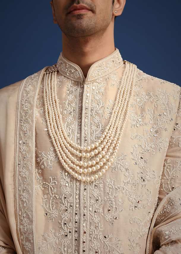Gold Silk Mirror Work Sherwani Set With Dupatta