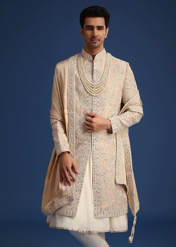 Gold Silk Mirror Work Sherwani Set With Dupatta