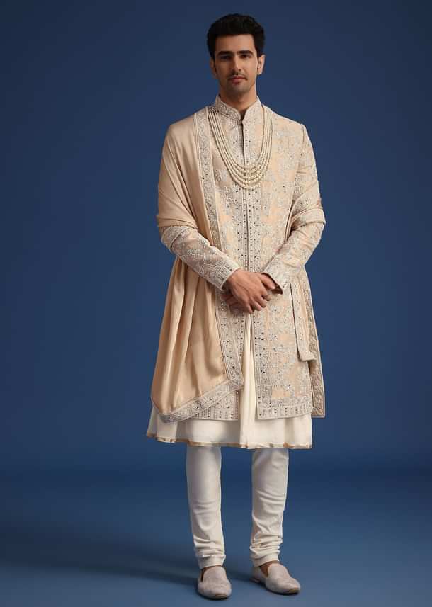 Gold Silk Mirror Work Sherwani Set With Dupatta