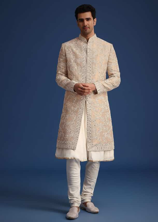 Gold Silk Mirror Work Sherwani Set With Dupatta