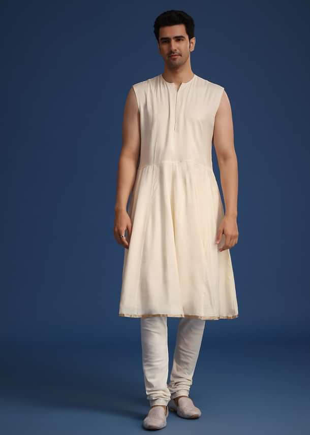 Gold Silk Mirror Work Sherwani Set With Dupatta