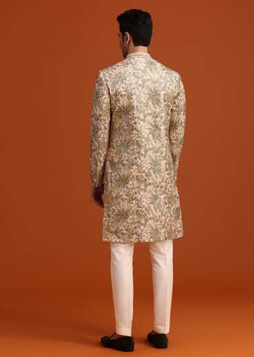 Gold Silk Sherwani Set Hand Embroidered Motifs