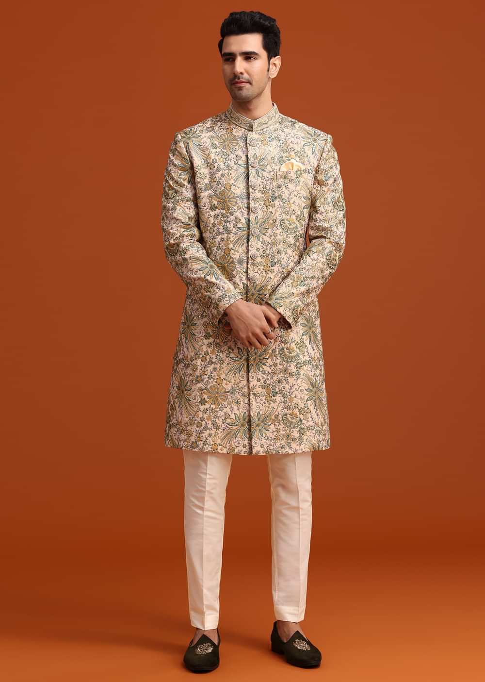Gold Silk Sherwani Set Hand Embroidered Motifs