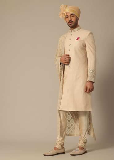 Gold Silk Sherwani Set With Embroidered Detail