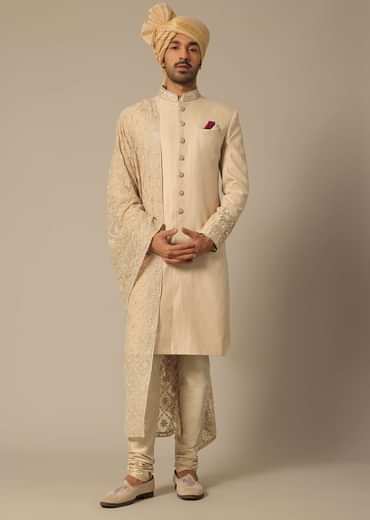 Gold Silk Sherwani Set With Embroidered Detail