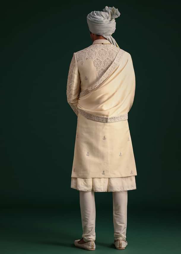 Gold Silk Zari Embroidered Sherwani Suit With Dupatta And Mala