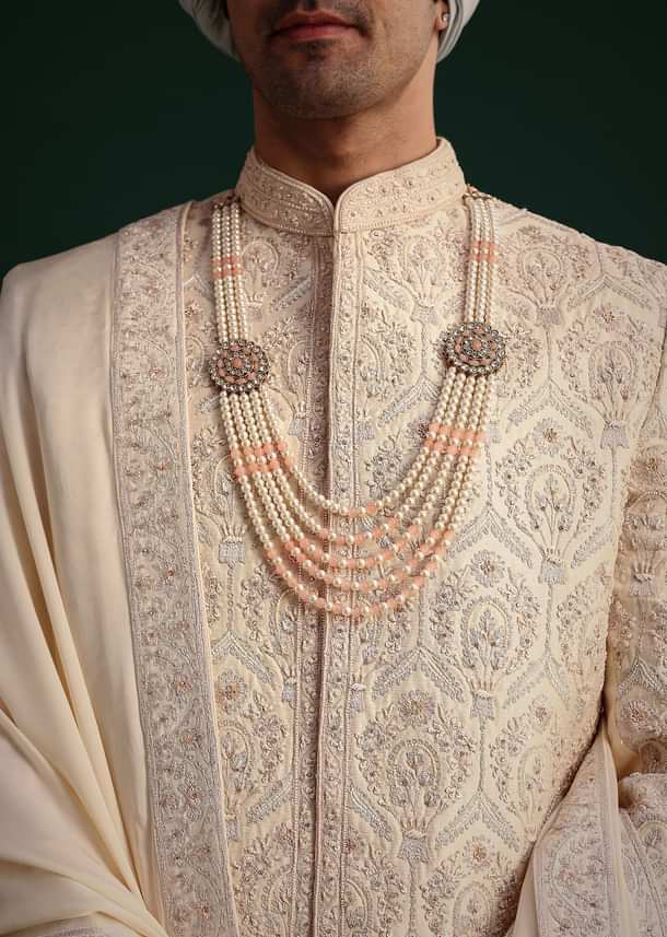 Gold Silk Zari Embroidered Sherwani Suit With Dupatta And Mala