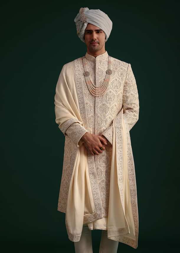 Gold Silk Zari Embroidered Sherwani Suit With Dupatta And Mala