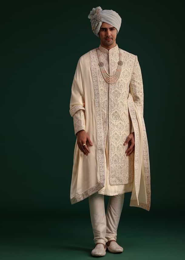 Gold Silk Zari Embroidered Sherwani Suit With Dupatta And Mala