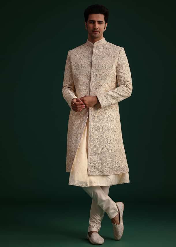 Gold Silk Zari Embroidered Sherwani Suit With Dupatta And Mala
