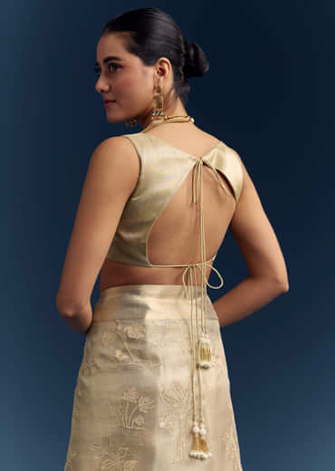Gold Tissue Organza Saree With Zari And Resham Work Gold Tissue Organza Saree With Zari And Resham Work