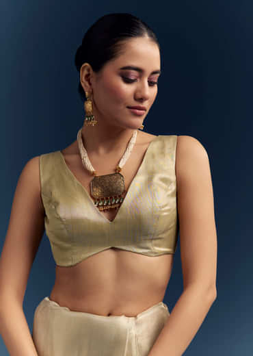 Gold Tissue Organza Saree With Zari And Resham Work Gold Tissue Organza Saree With Zari And Resham Work